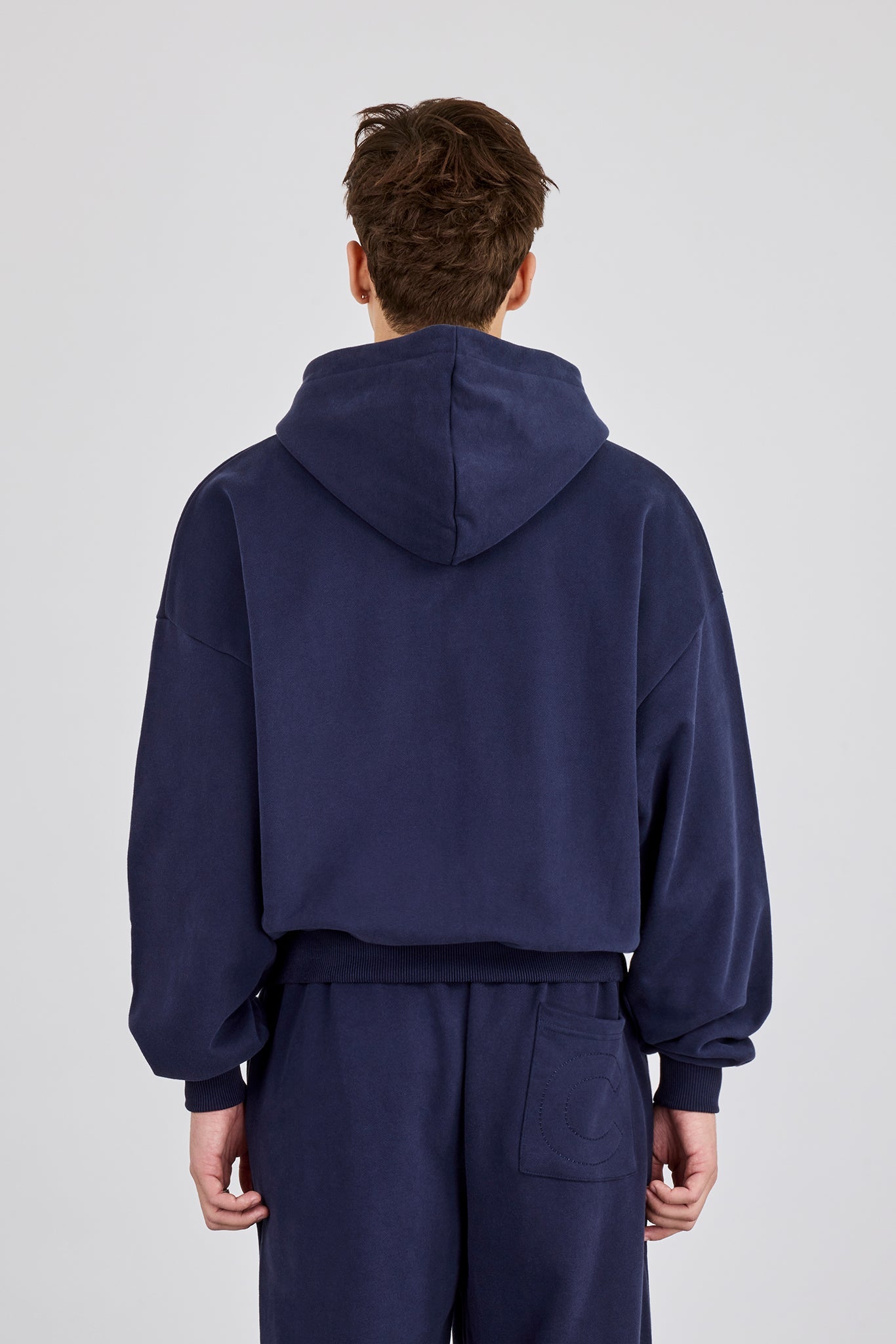 Embroidered C Boxy Zip Through Hoodie - Navy Blue