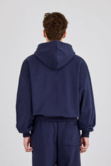 Embroidered C Boxy Zip Through Hoodie - Navy Blue