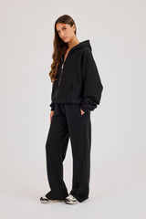 Oversized Zip Through Hoodie & Embroidered Wide Leg Jogger - Black