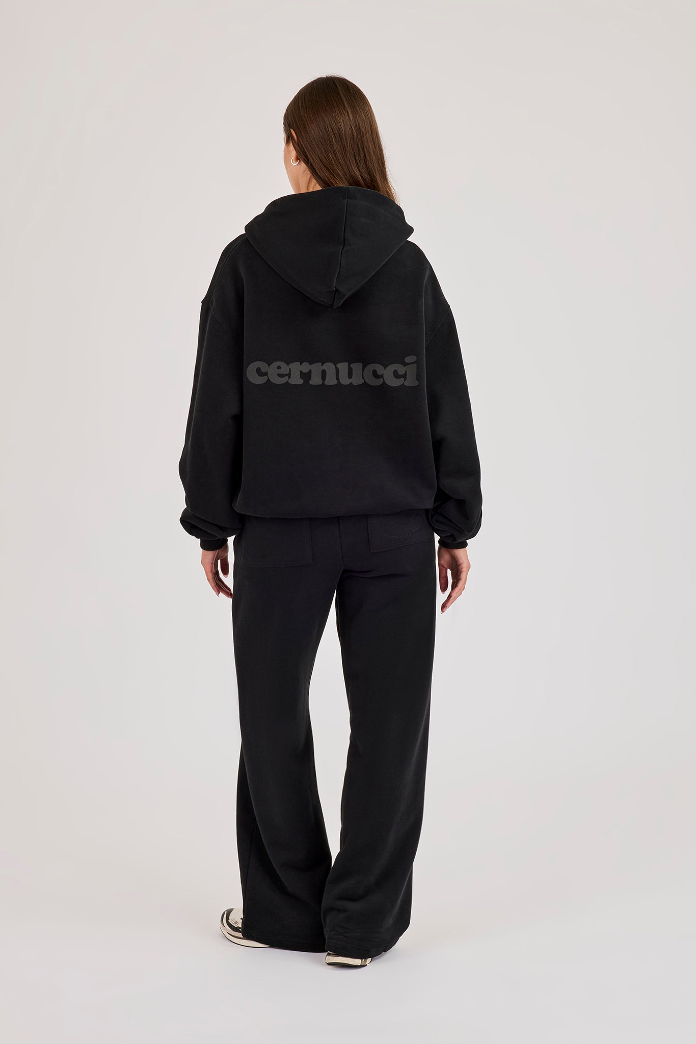 Oversized Zip Through Hoodie & Embroidered Wide Leg Jogger - Black