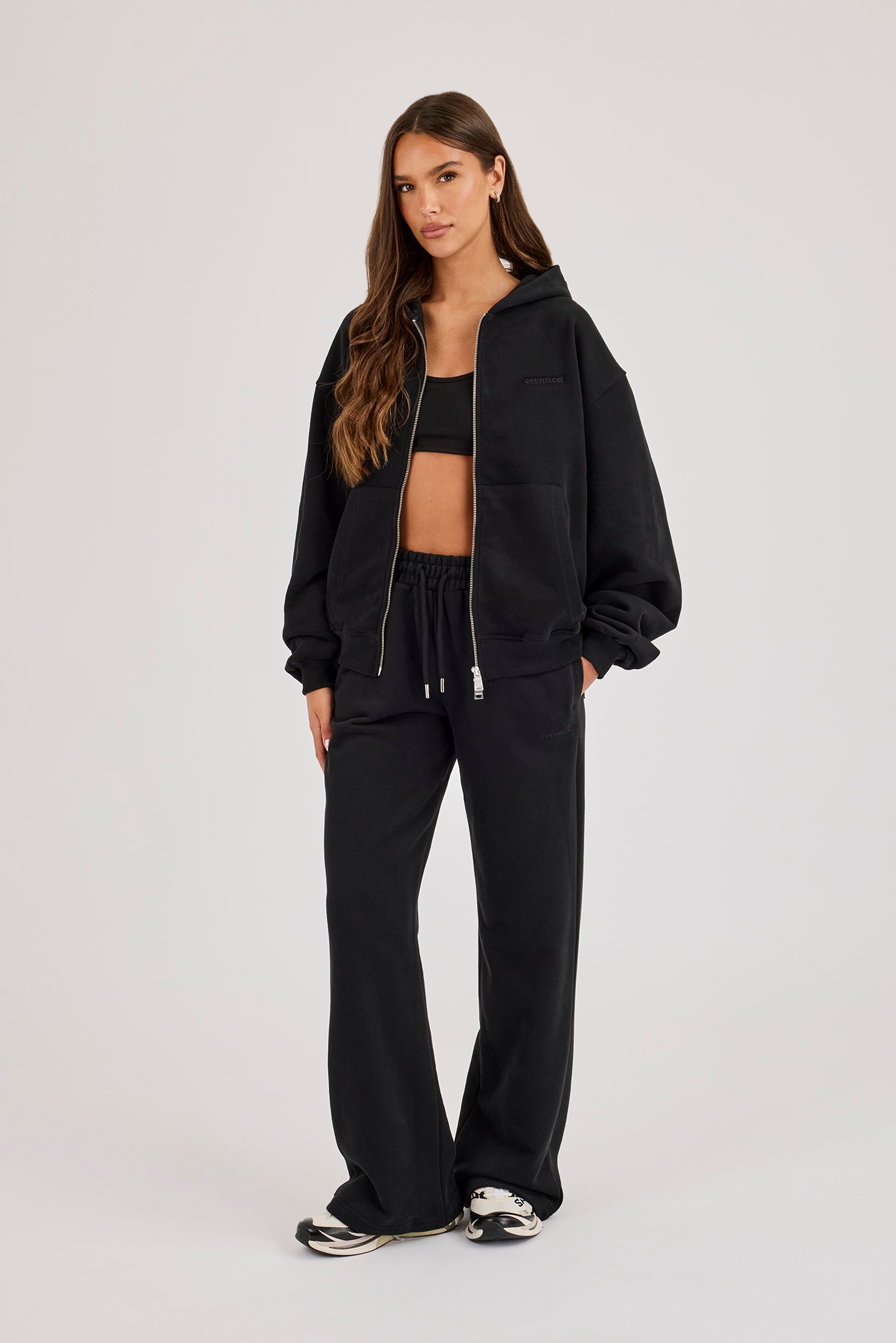 Embroidered Wide Leg Jogger - Black