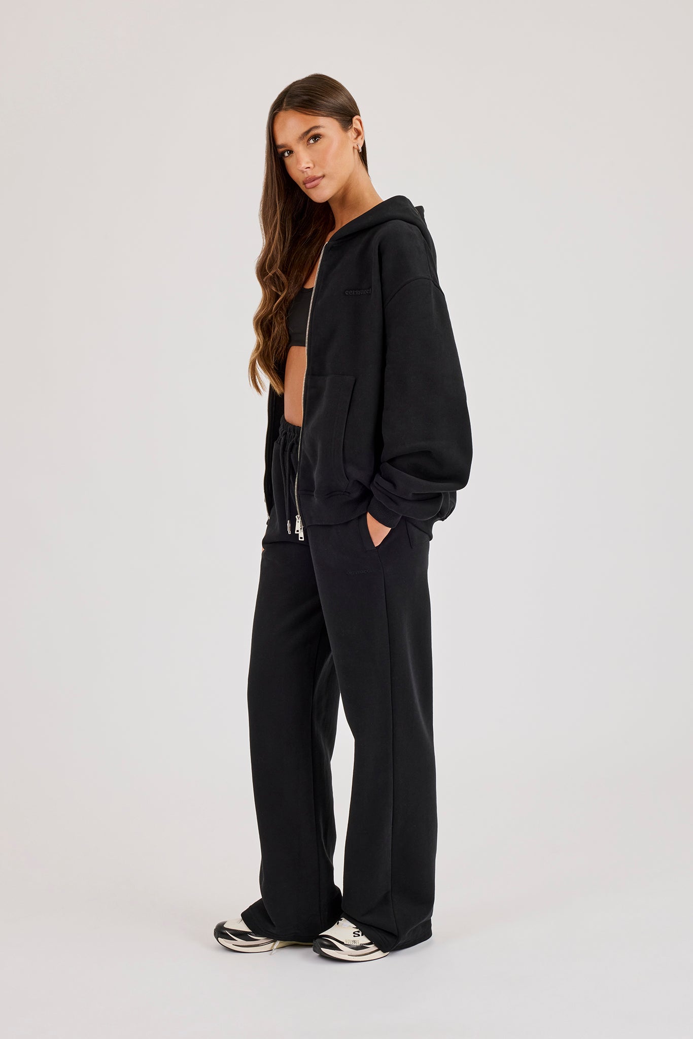 Oversized Zip Through Hoodie & Embroidered Wide Leg Jogger - Black