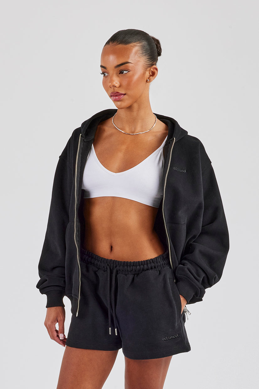 Zip Through Hoodie & Embroidered Short - Black