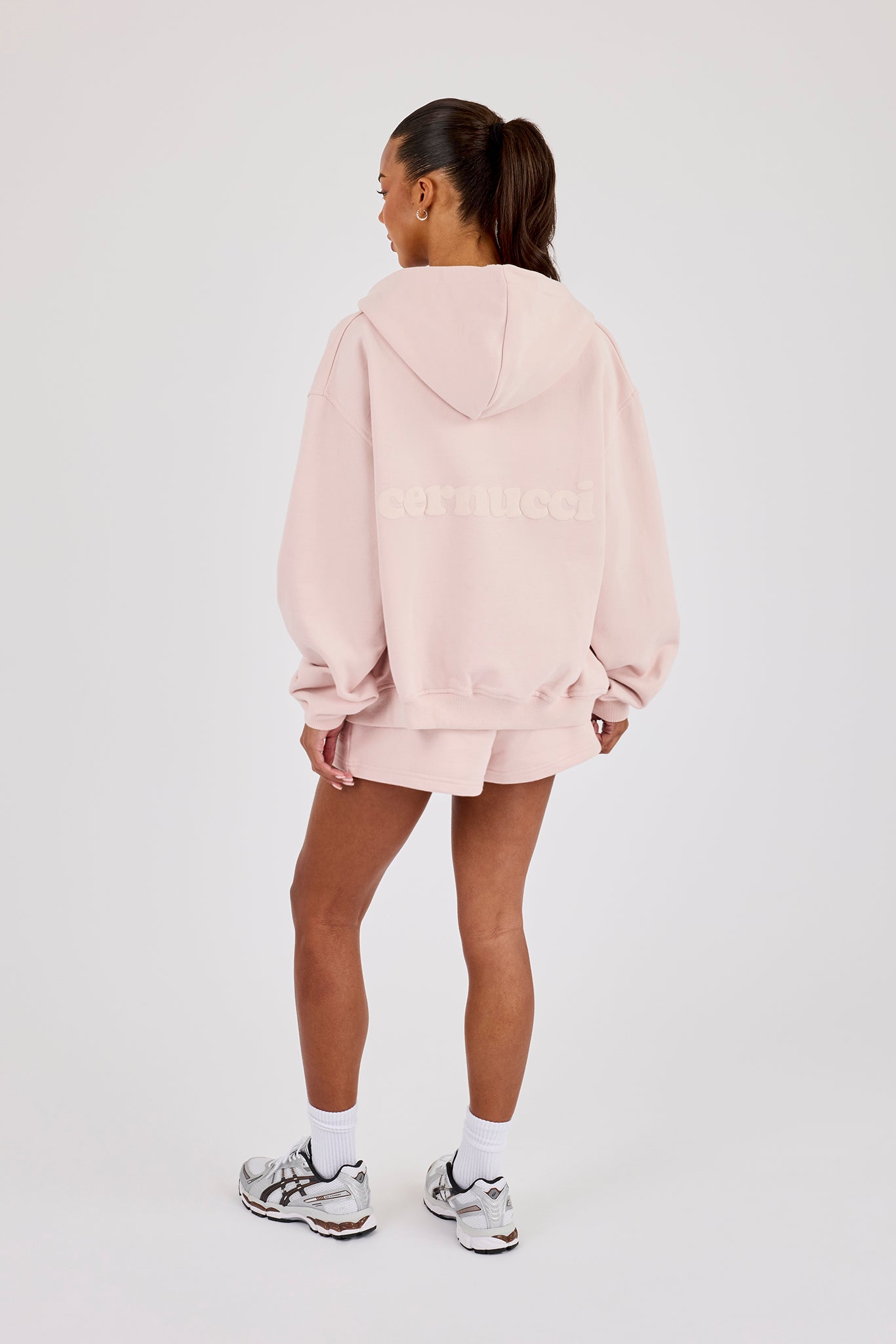 Oversized Zip Through Hoodie & Embroidered Short - Dusty Pink
