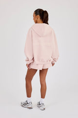 Oversized Zip Through Hoodie & Embroidered Short - Dusty Pink