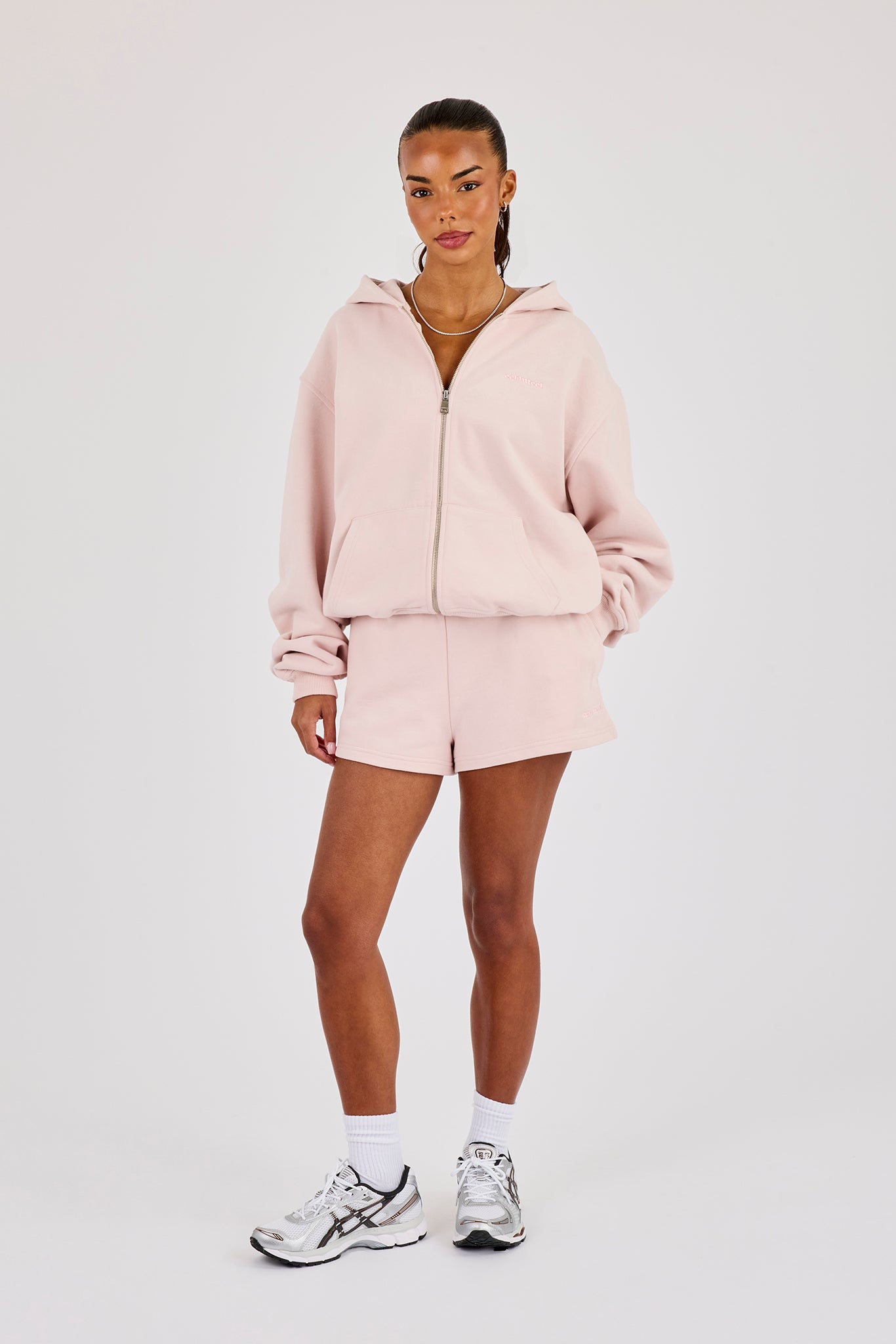 Oversized Zip Through Hoodie & Embroidered Short - Dusty Pink