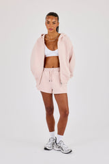 Oversized Zip Through Hoodie & Embroidered Short - Dusty Pink