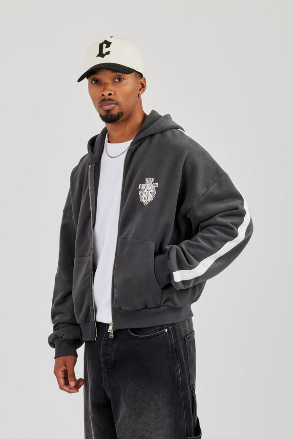 86 Taping Boxy Zip Through Hoodie - Charcoal