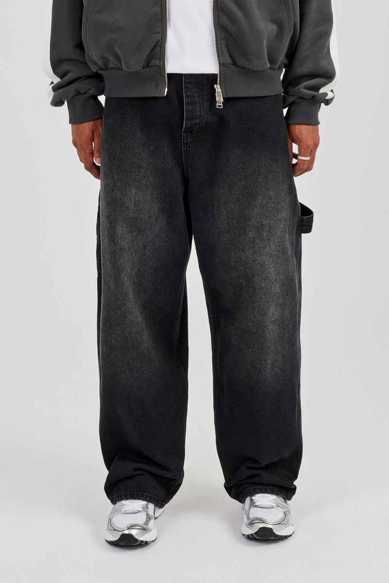 Super Baggy Carpenter Detail Jeans - Washed Black