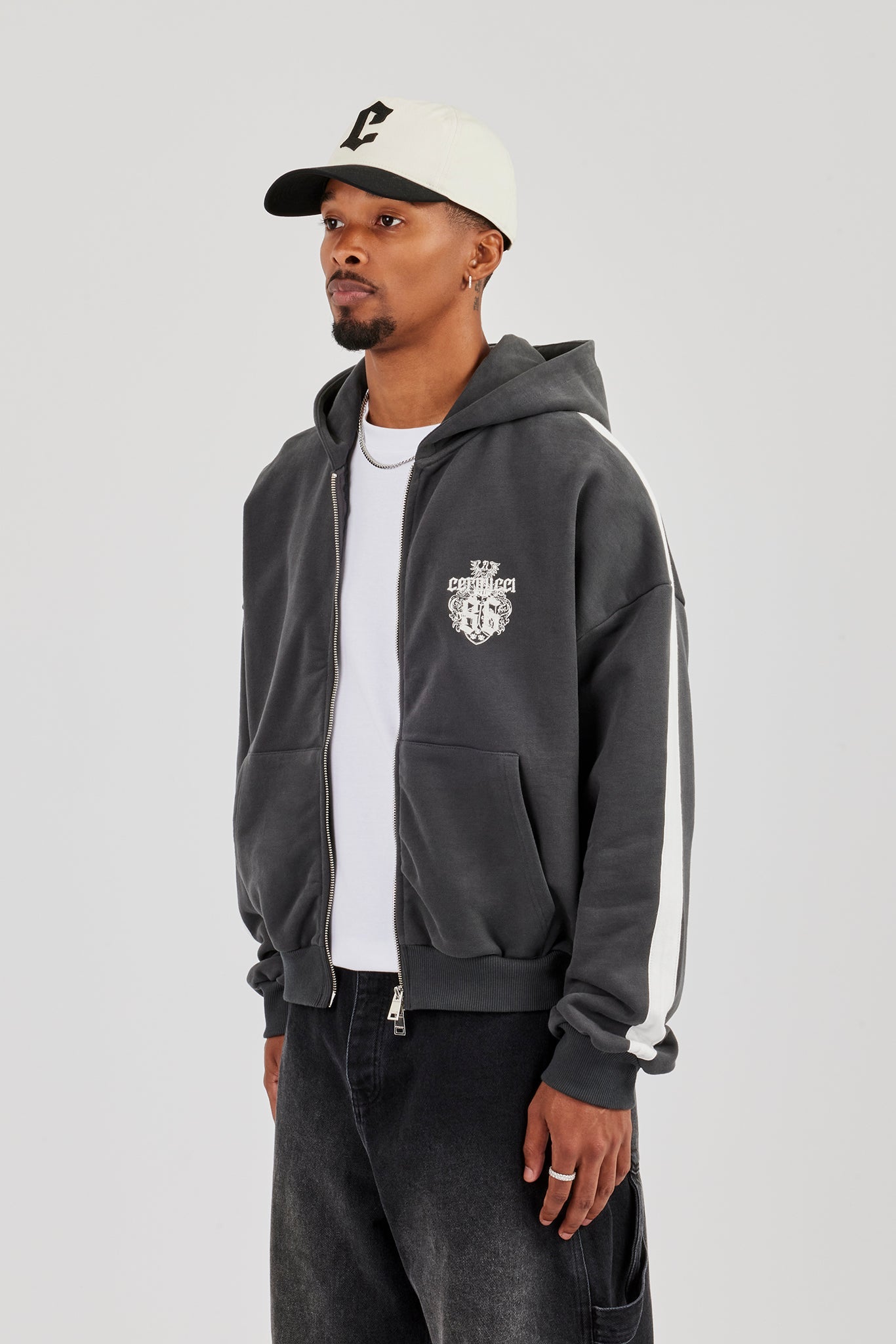 86 Taping Boxy Zip Through Hoodie - Charcoal
