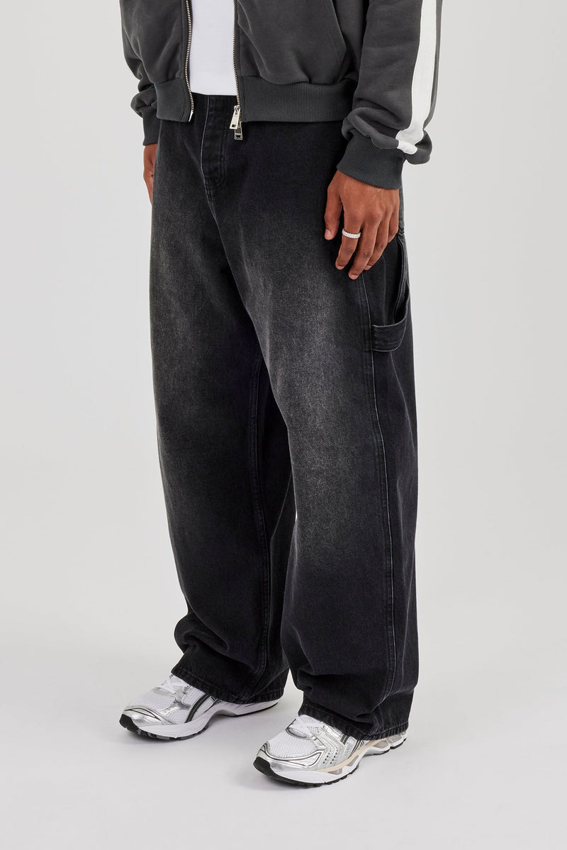 Super Baggy Carpenter Detail Jeans - Washed Black
