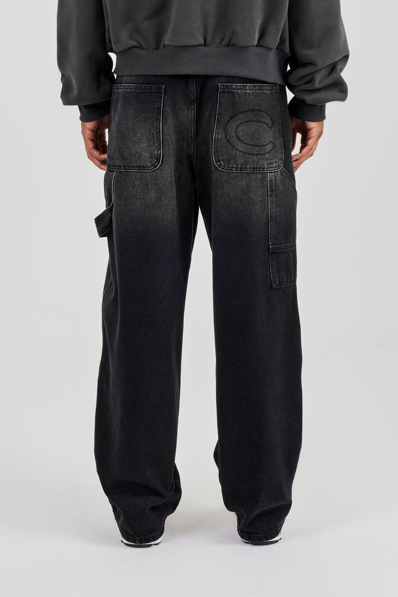 Super Baggy Carpenter Detail Jeans - Washed Black