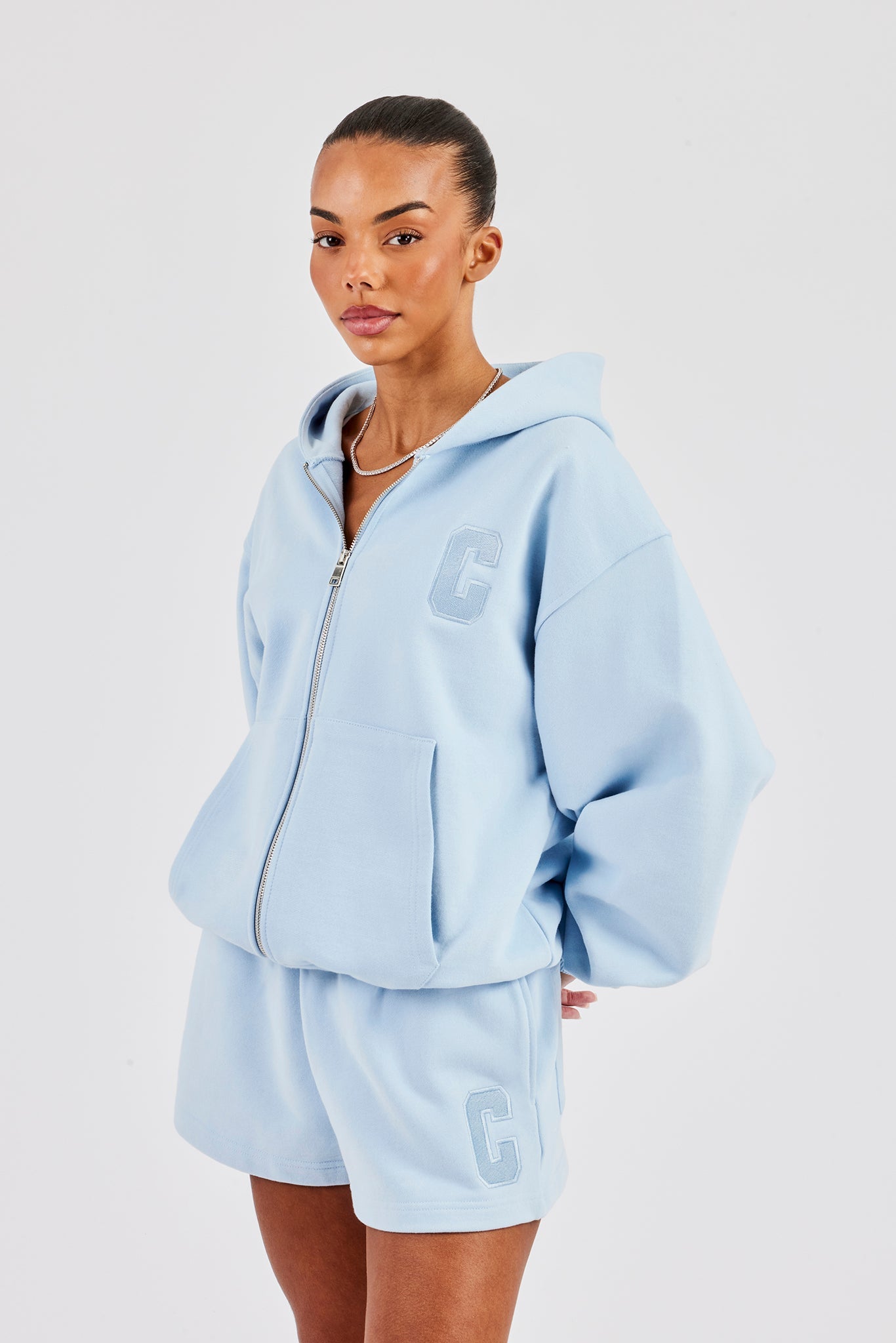Oversized Zip Through Hoodie & Short - Baby Blue