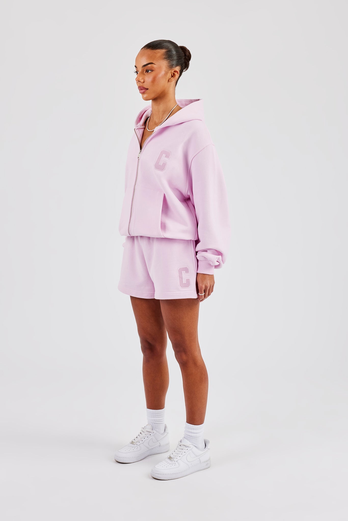 Oversized Zip Through Hoodie & Short - Pink