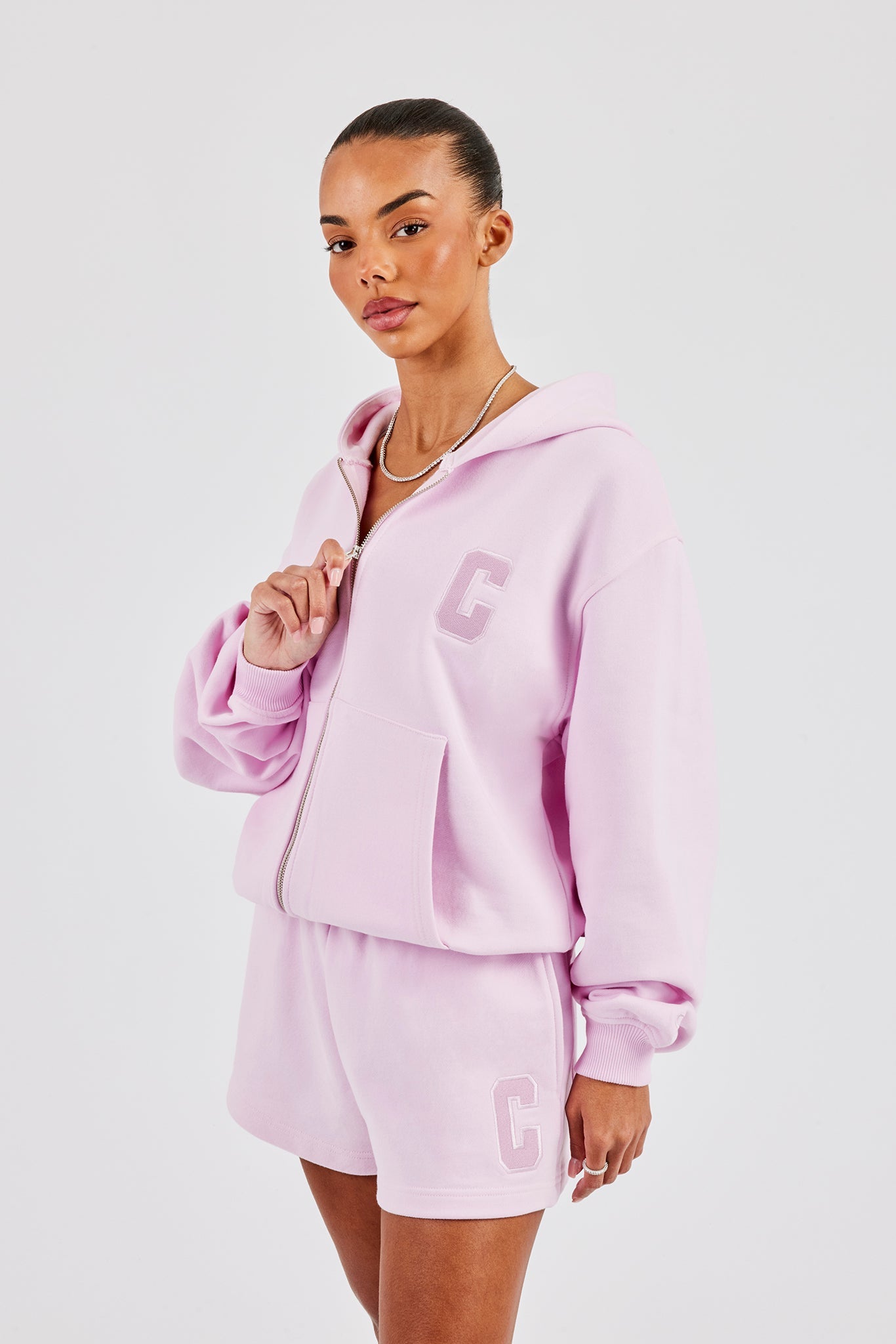 Oversized Zip Through Hoodie & Short - Pink