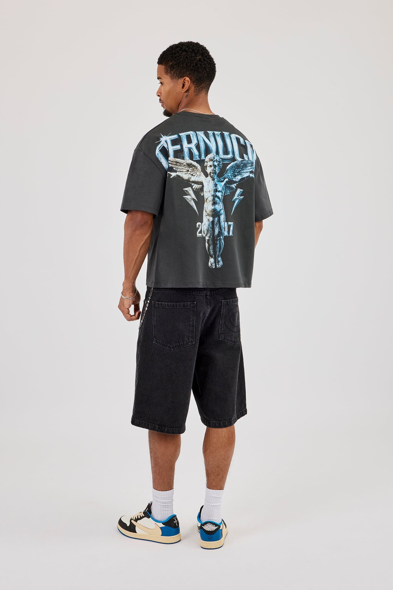 Cherub Back Print Boxy T-Shirt - Charcoal