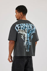 Cherub Back Print Boxy T-Shirt - Charcoal
