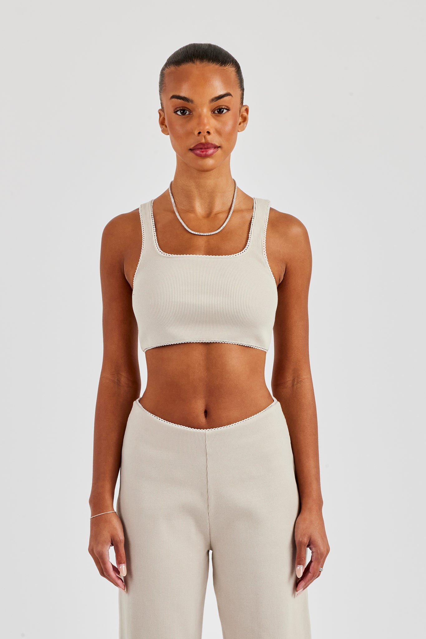 Ribbed Cropped Tank Top with Trim Detail - Stone