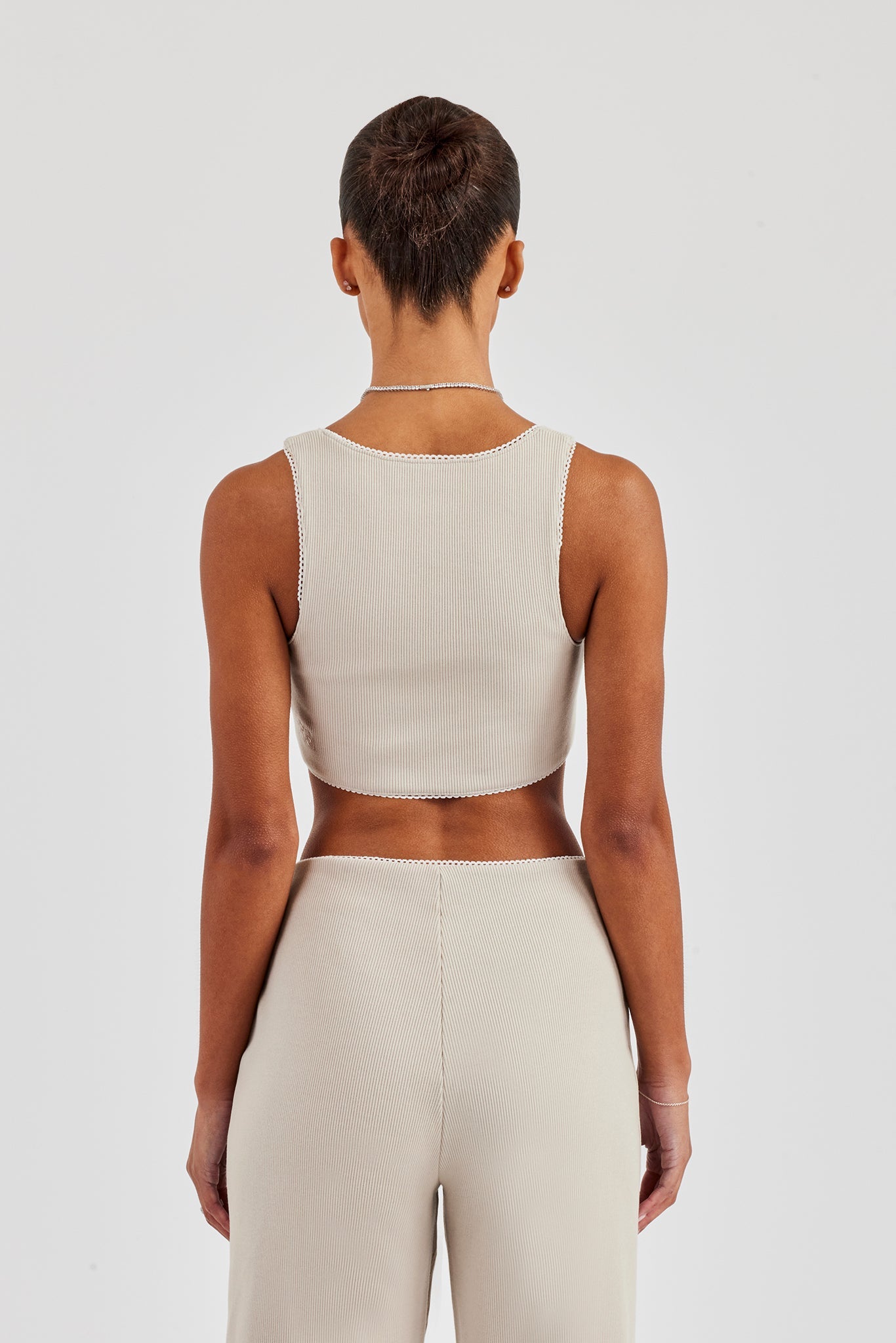Ribbed Cropped Tank Top with Trim Detail - Stone