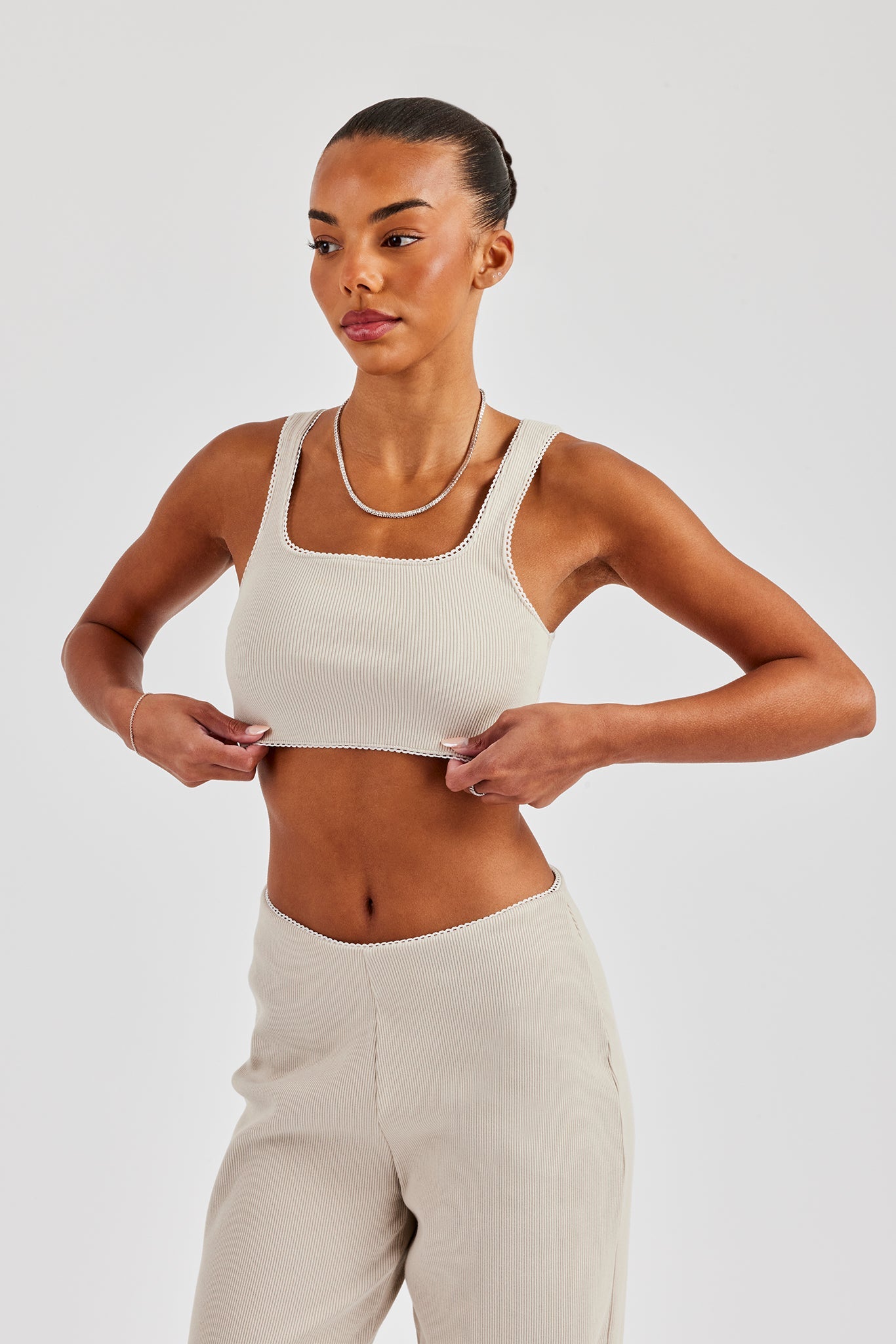 Ribbed Cropped Tank Top with Trim Detail - Stone