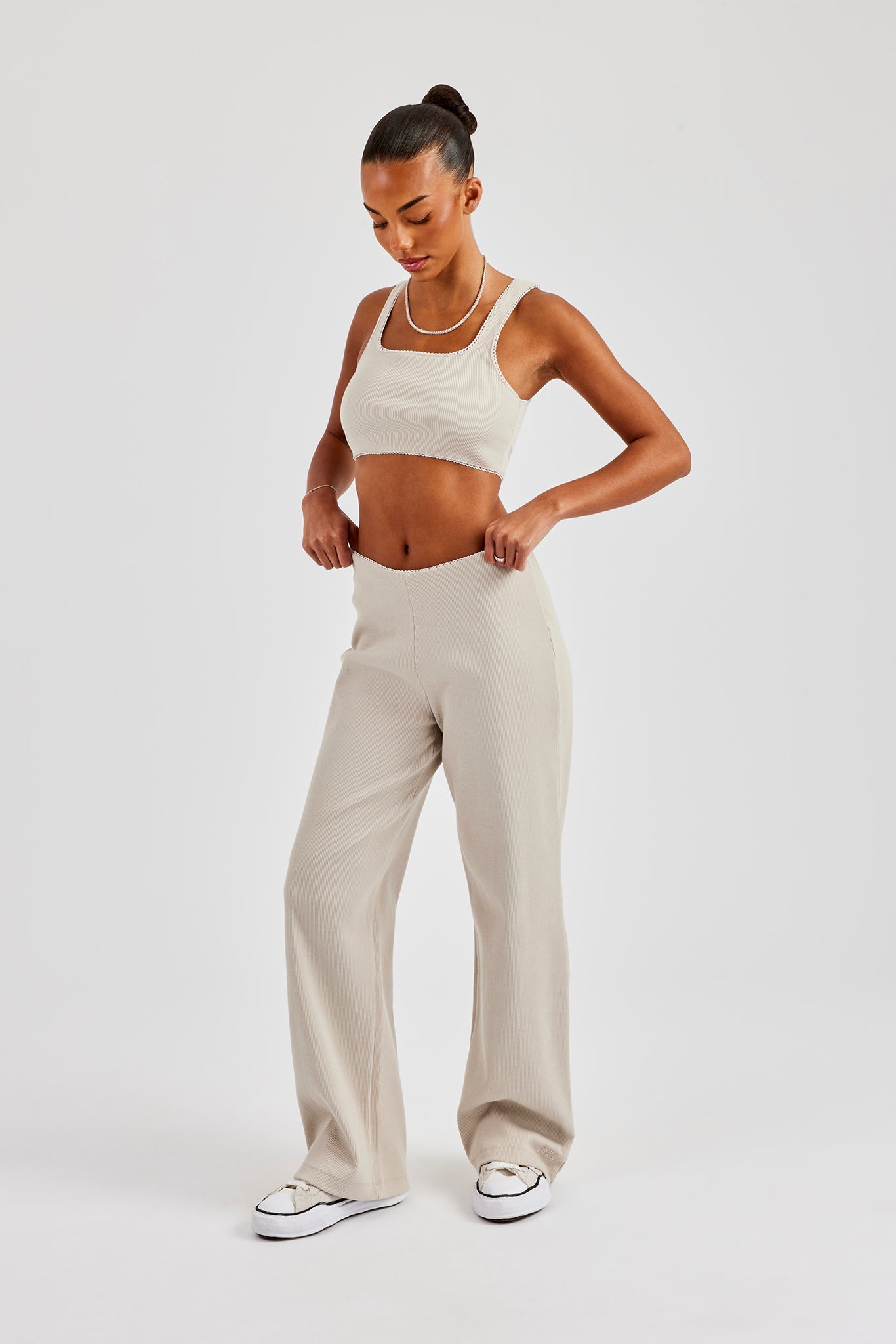 Ribbed Cropped Tank Top with Trim Detail - Stone