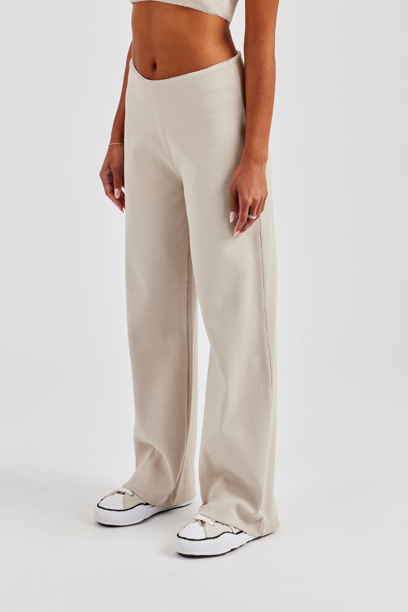 Ribbed Pant with Trim Detail - Stone