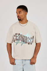 Cracked Cernucci Star Print Boxy T-Shirt - Stone