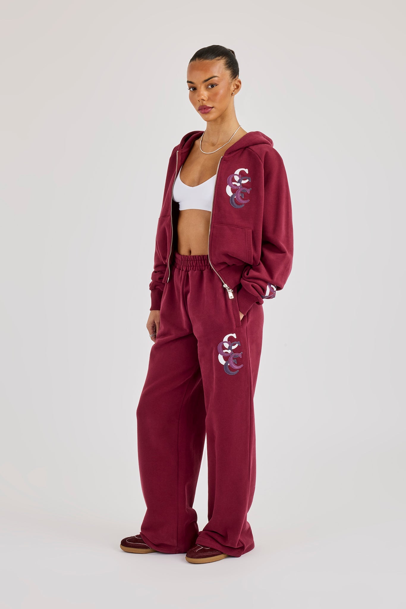 Cropped Layered Applique Zip Hoodie & Wide Leg Jogger - Burgundy