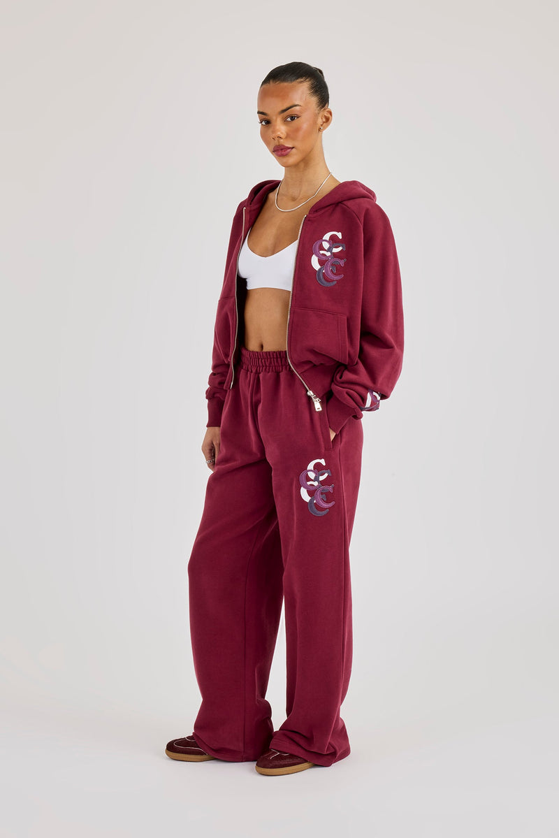 Cropped Layered Applique Zip Hoodie & Wide Leg Jogger - Burgundy