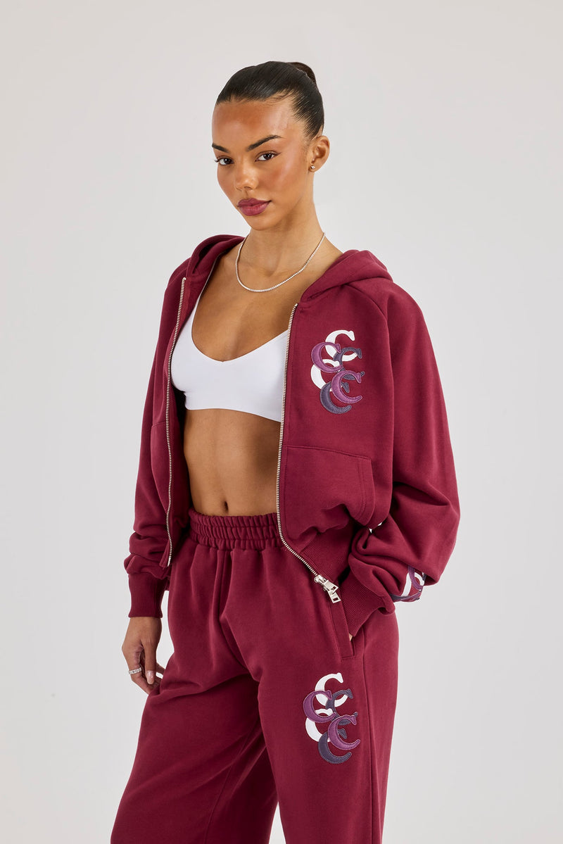 Cropped Layered Applique Zip Hoodie - Burgundy