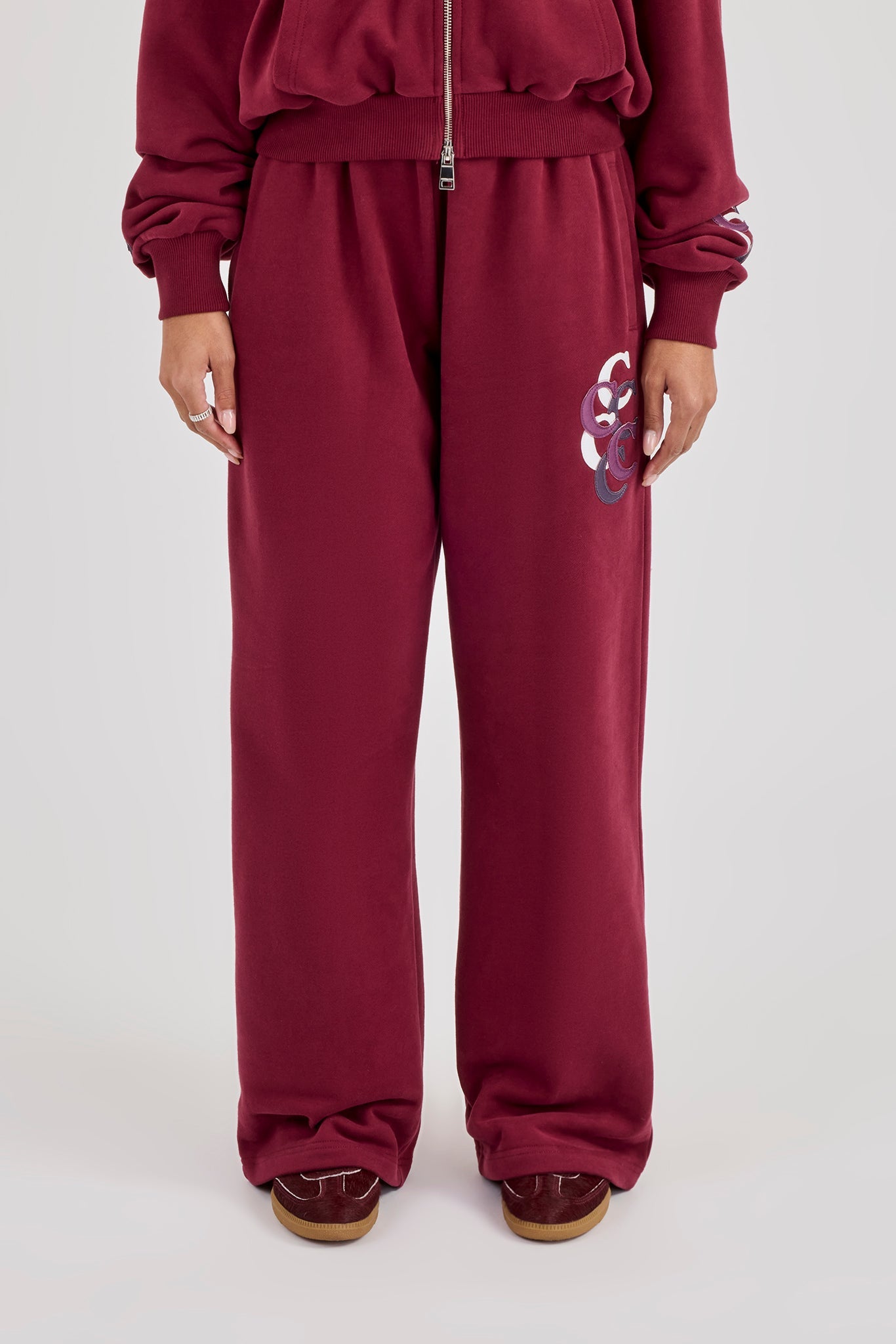 Layered Applique Wide Leg Jogger - Burgundy
