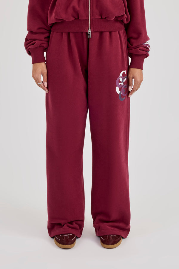 Layered Applique Wide Leg Jogger - Burgundy