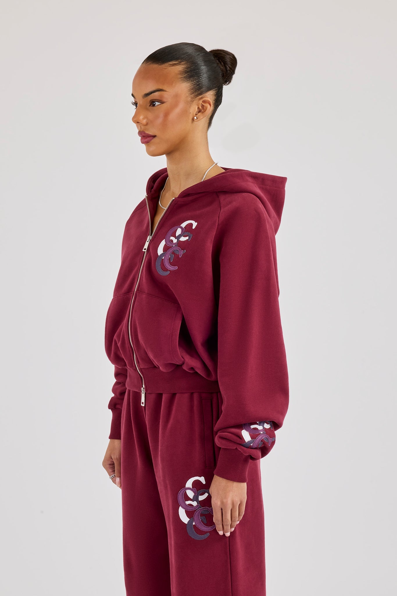 Cropped Layered Applique Zip Hoodie - Burgundy