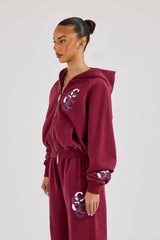Cropped Layered Applique Zip Hoodie - Burgundy