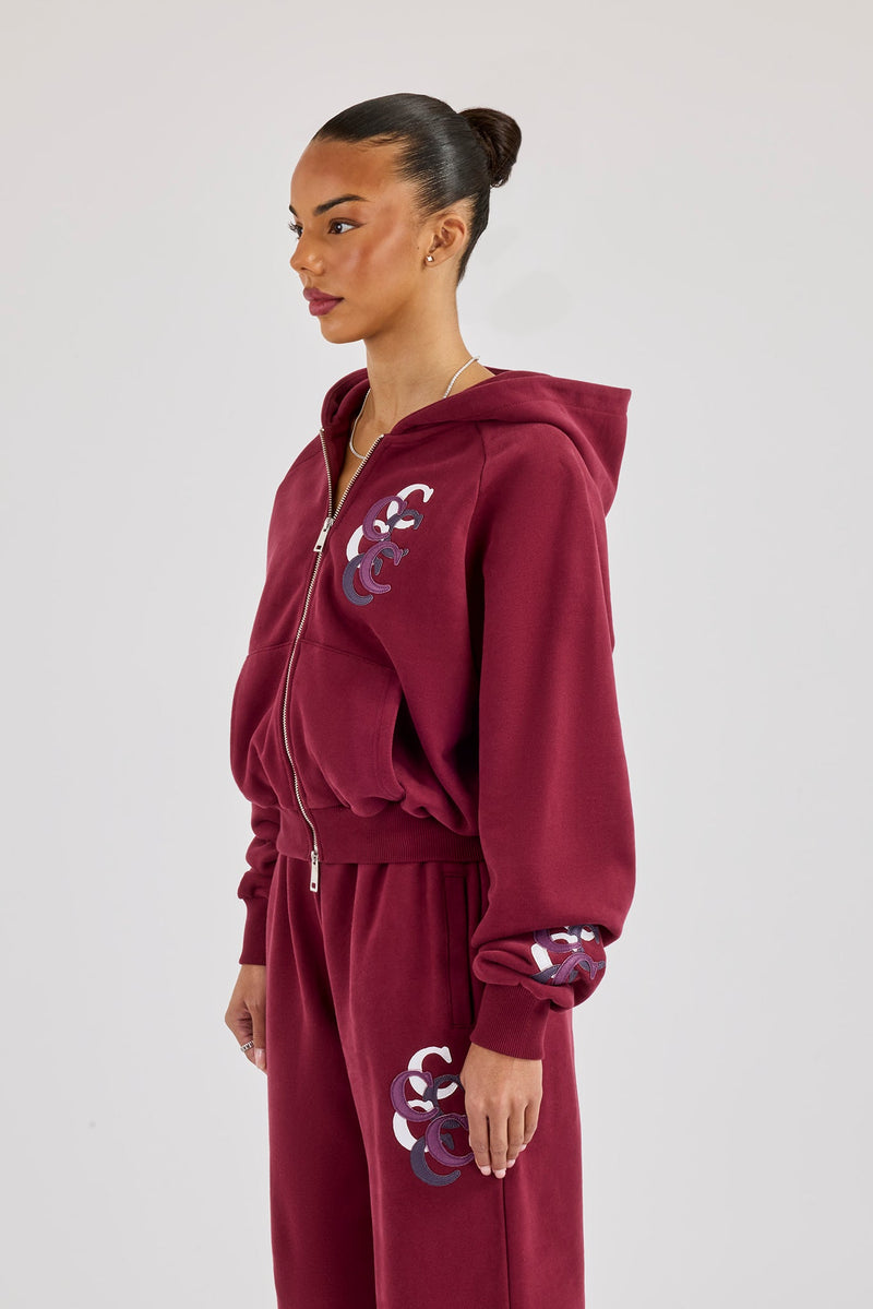 Cropped Layered Applique Zip Hoodie - Burgundy