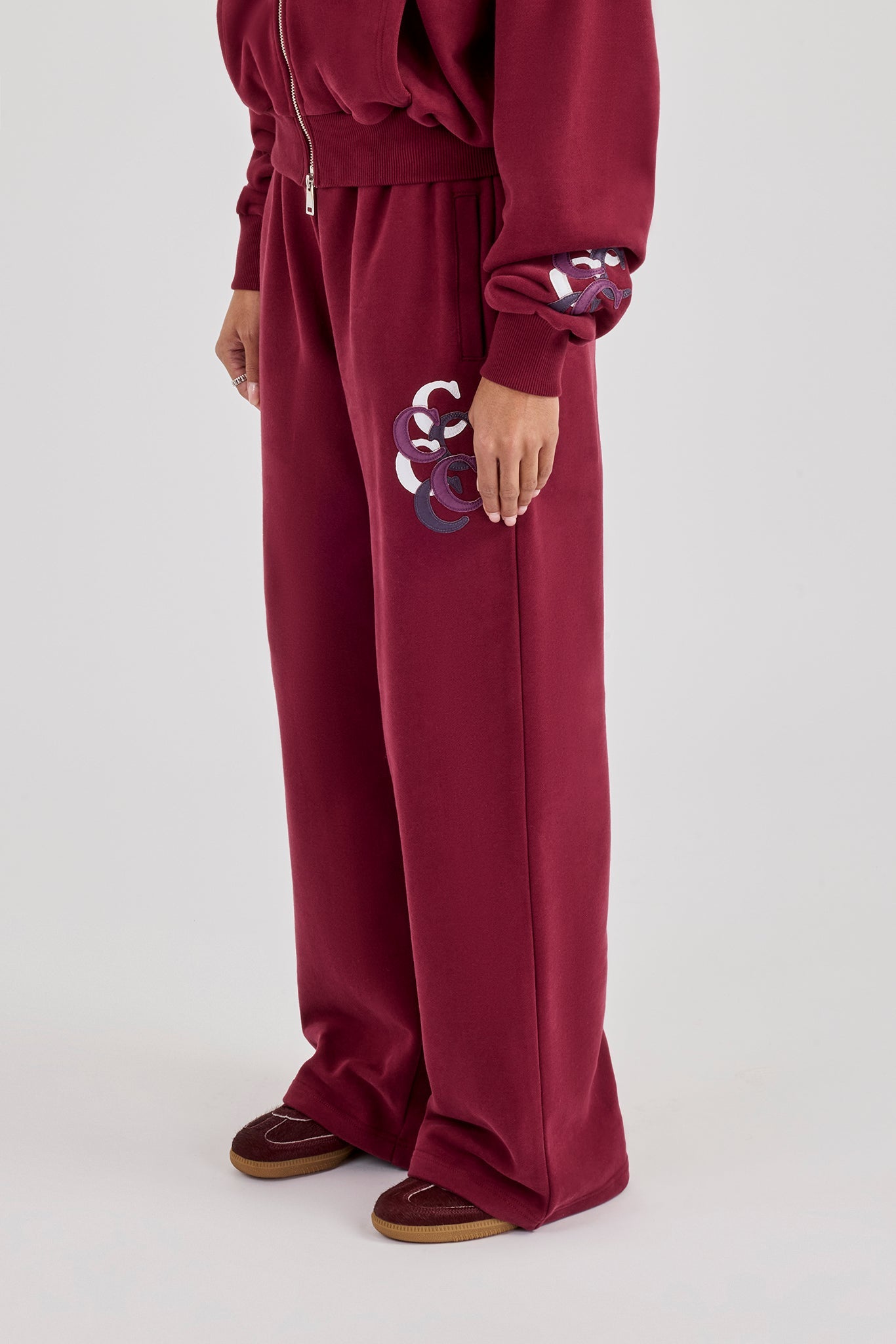 Layered Applique Wide Leg Jogger - Burgundy