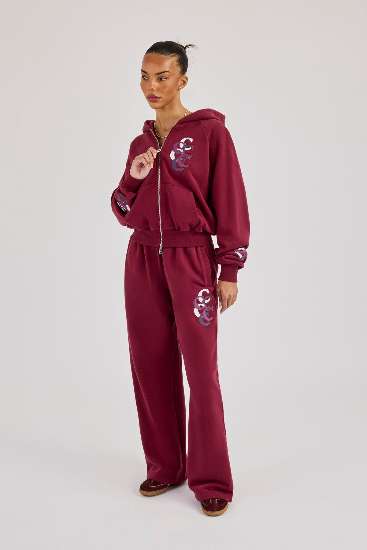 Cropped Layered Applique Zip Hoodie & Wide Leg Jogger - Burgundy 