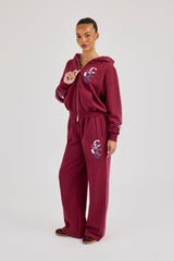 Cropped Layered Applique Zip Hoodie & Wide Leg Jogger - Burgundy