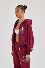Cropped Layered Applique Zip Hoodie - Burgundy