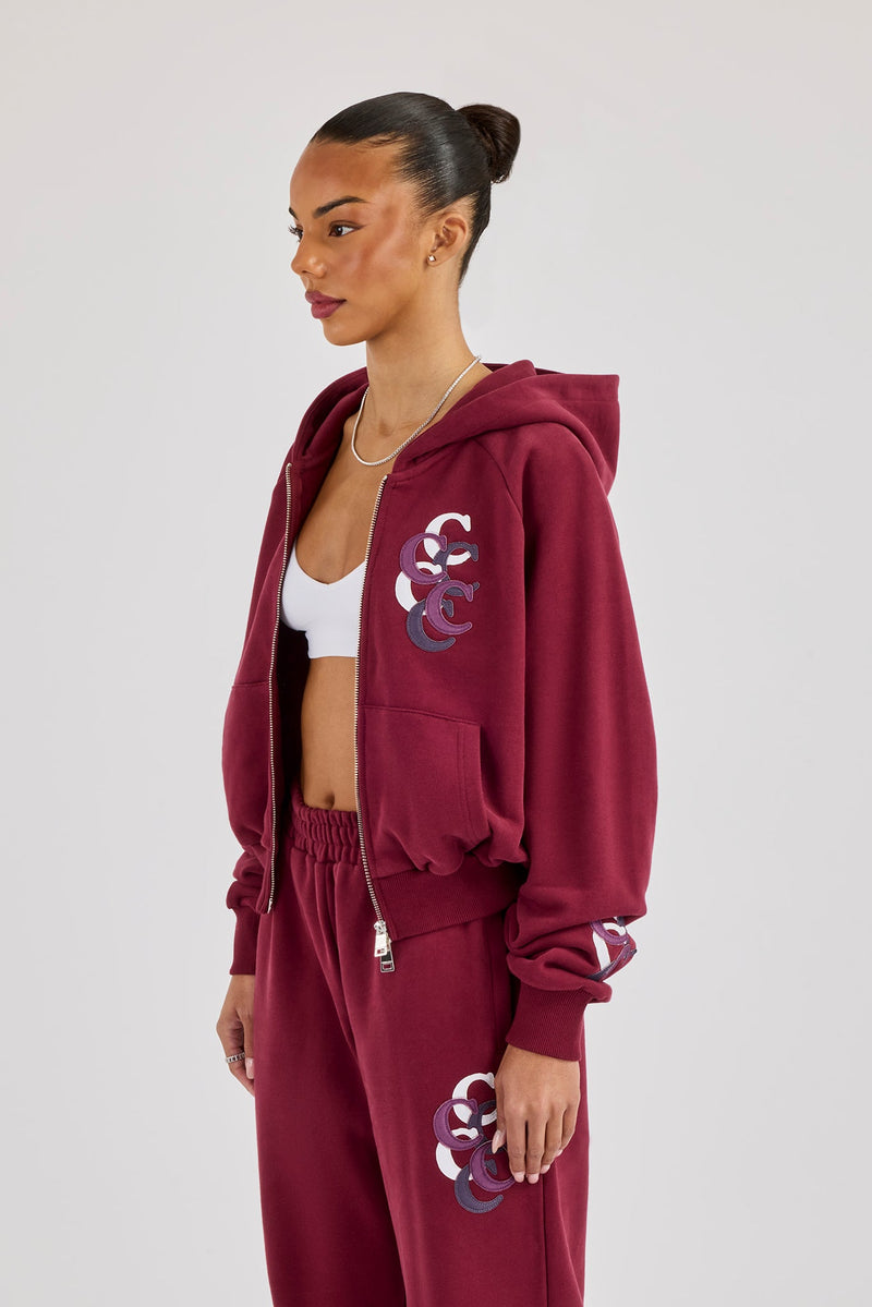 Cropped Layered Applique Zip Hoodie - Burgundy
