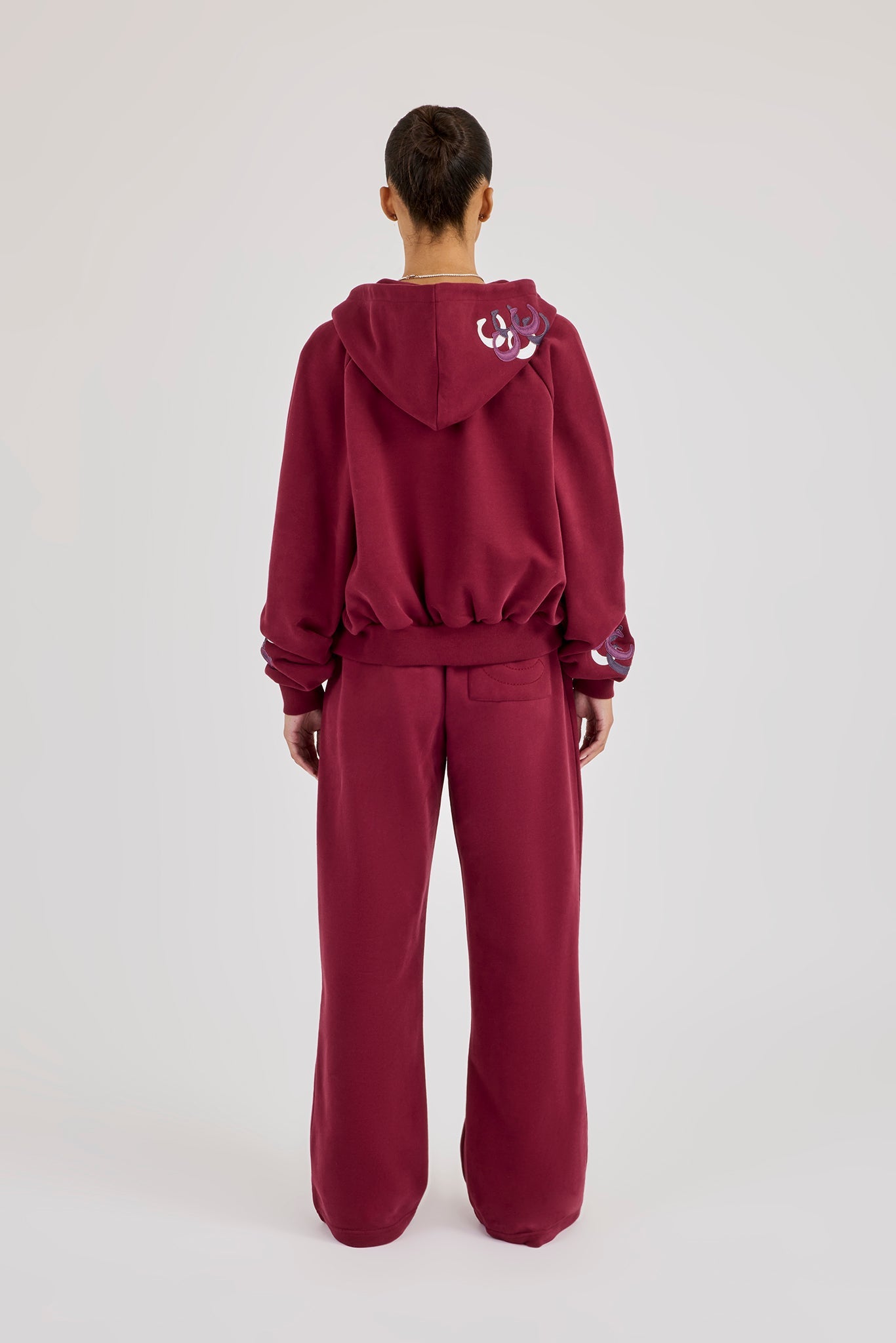 Cropped Layered Applique Zip Hoodie & Wide Leg Jogger - Burgundy