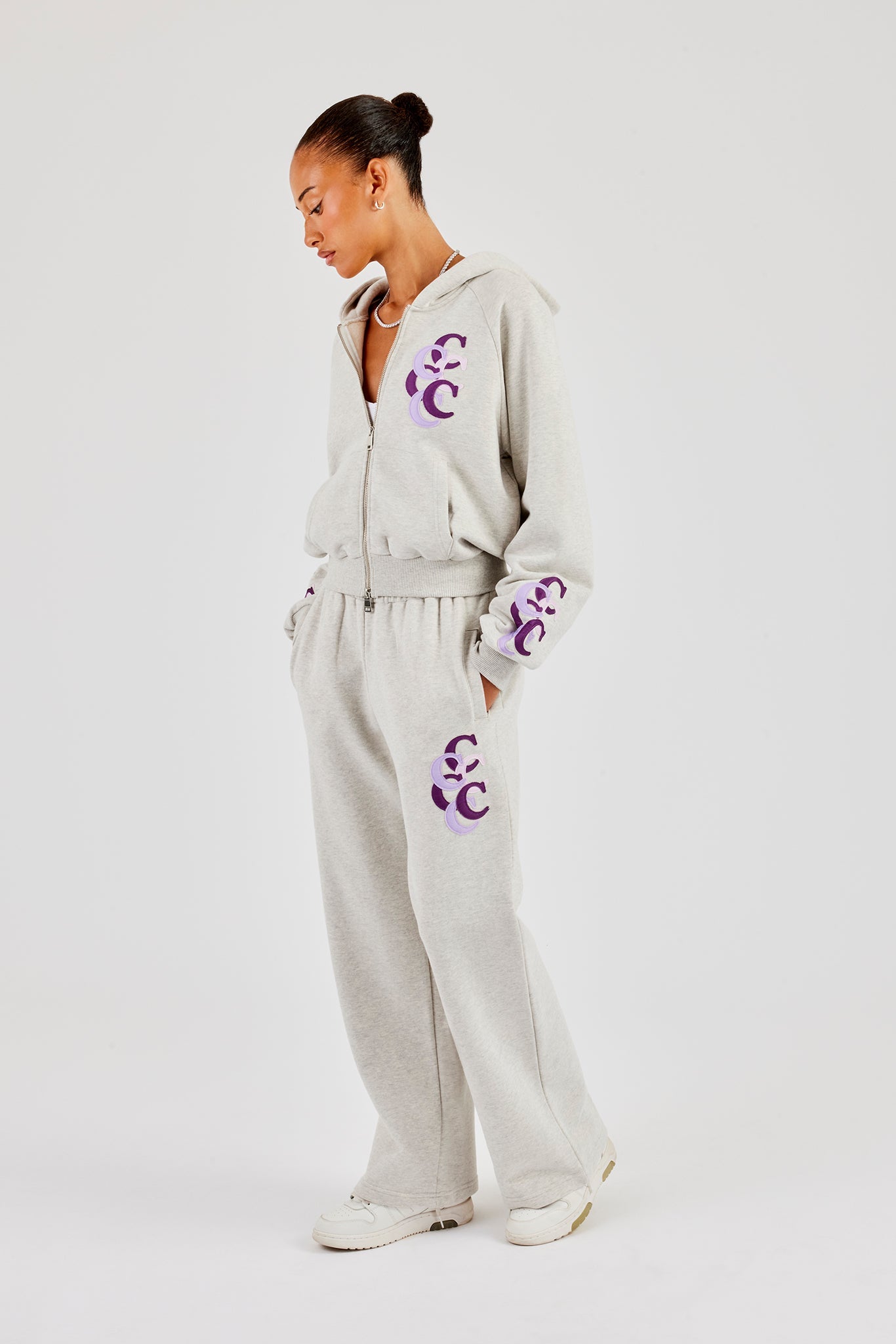 Cropped Layered Applique Zip Hoodie & Wide Leg Jogger - Ash Grey