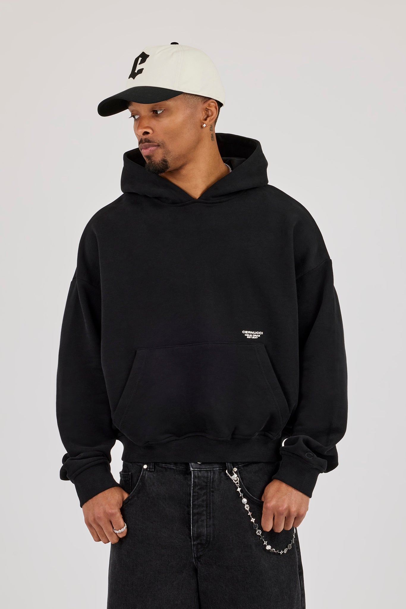 Boxy Hoodie With Micro Branding - Black