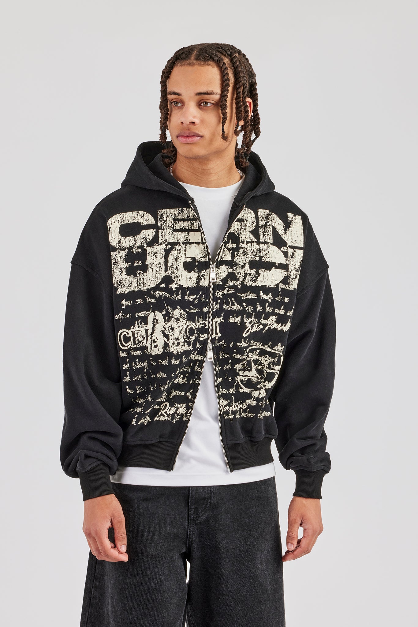 Washed Boxy Zip Through Printed Hoodie - Black