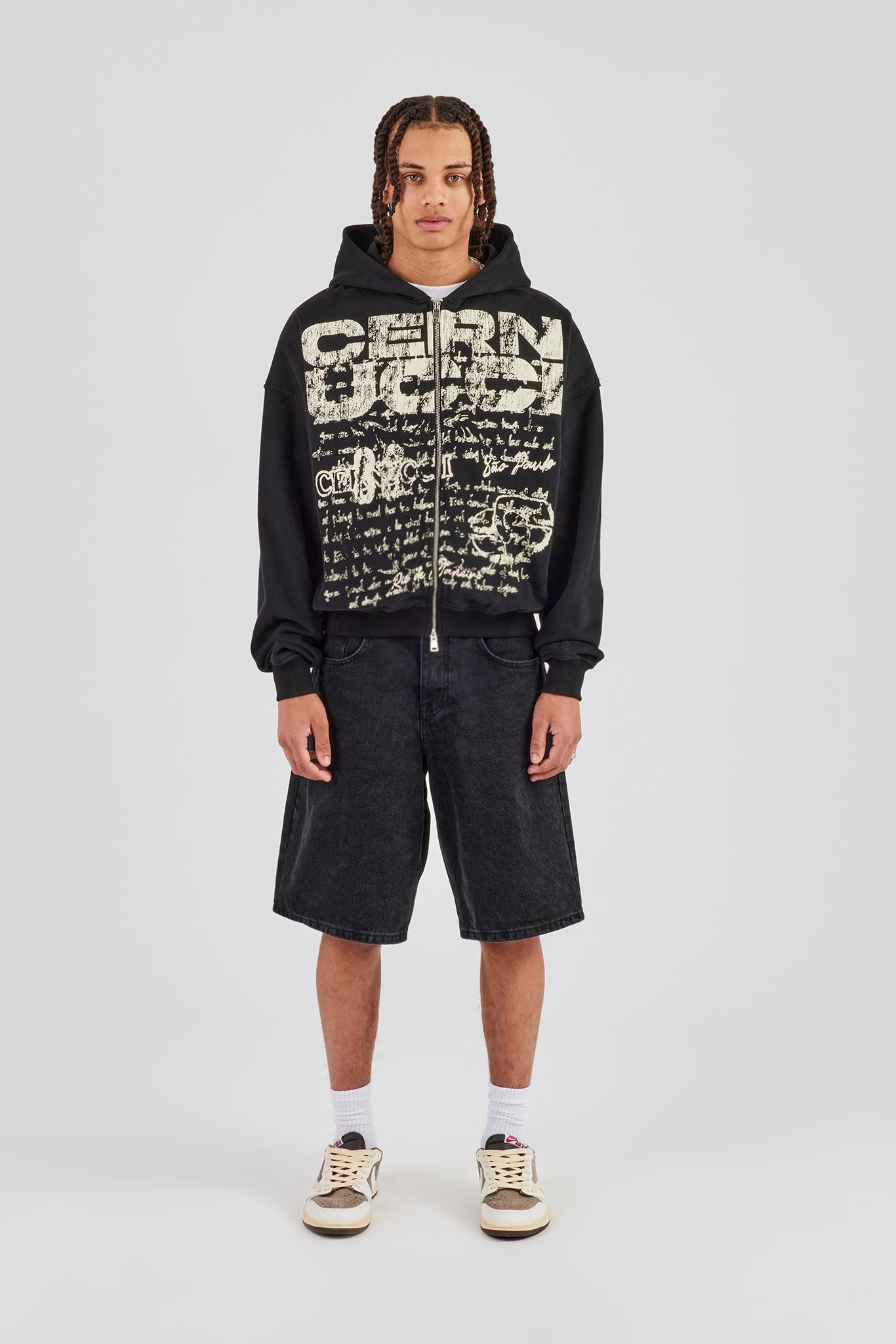 Washed Boxy Zip Through Printed Hoodie - Black
