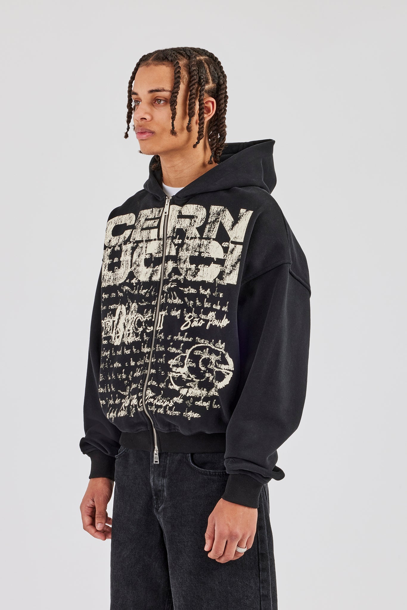 Washed Boxy Zip Through Printed Hoodie - Black