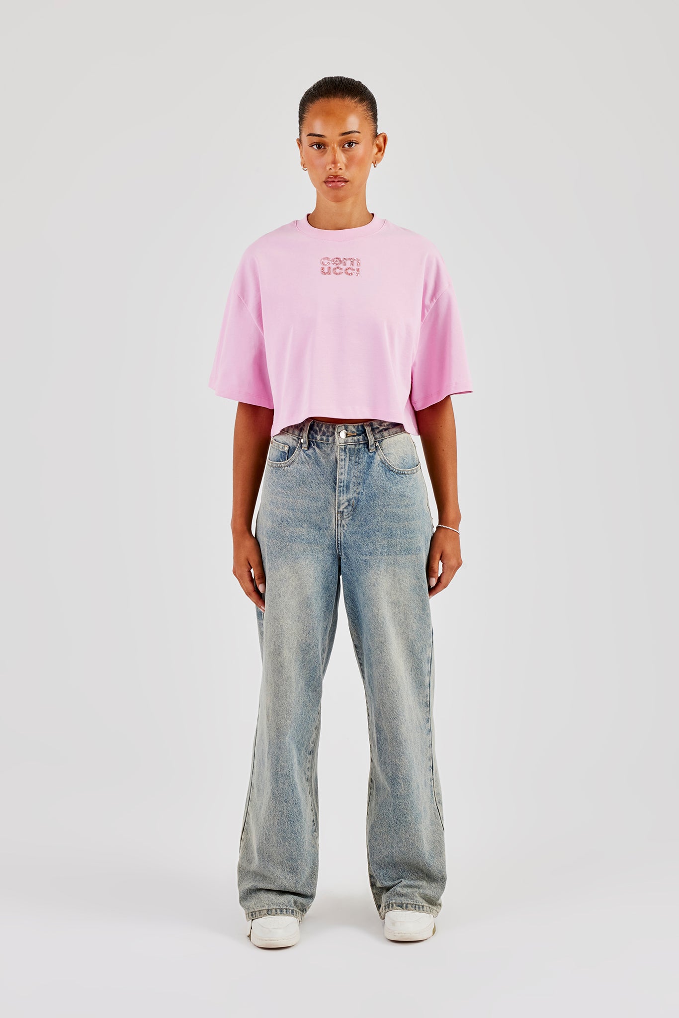 Glitter Applique Cropped T-Shirt - Pink | Womens Tees & Vests