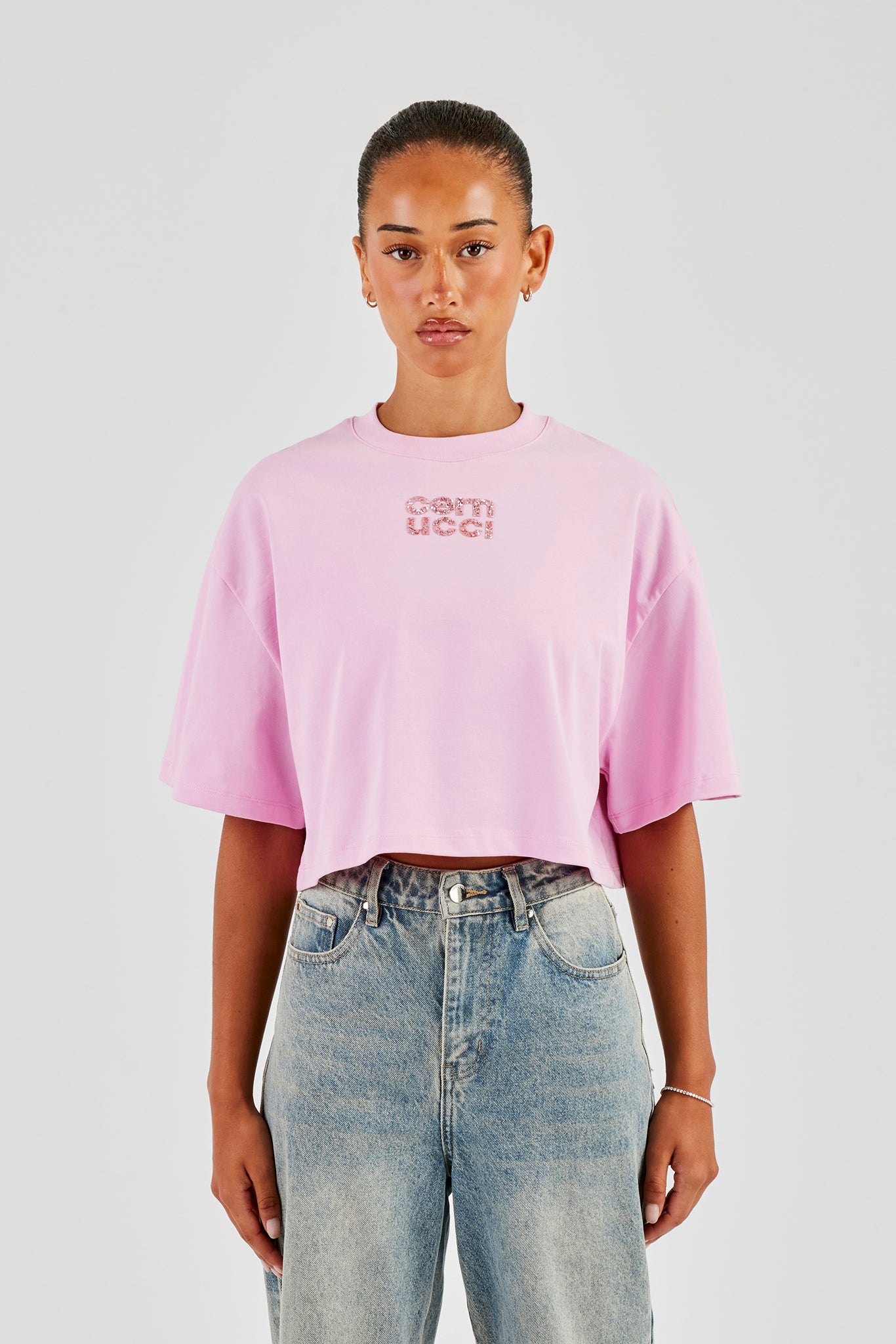 Glitter Applique Cropped T-Shirt - Pink