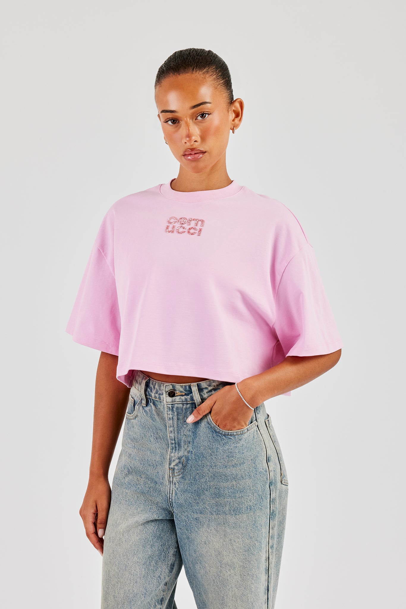 Glitter Applique Cropped T-Shirt - Pink