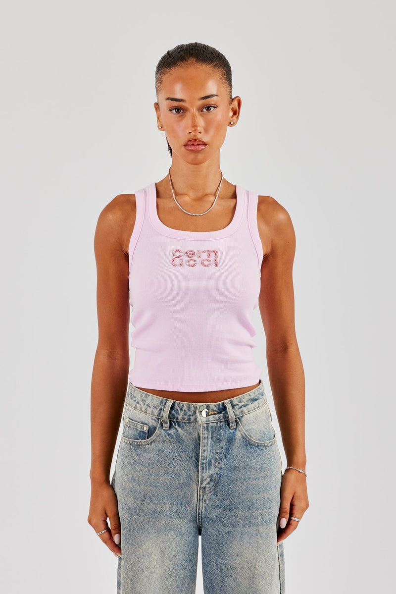 Glitter Applique Rib Scoop Neck Vest - Pink
